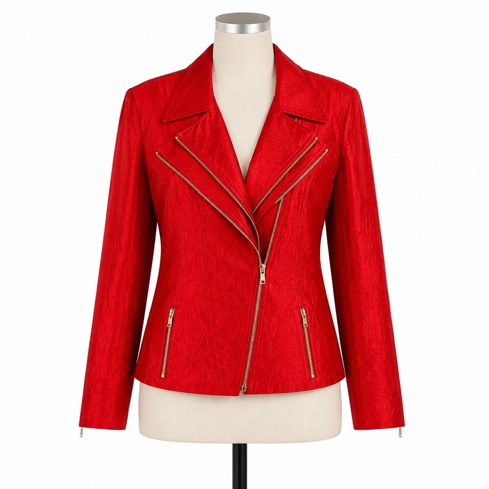 Vintage Cache Moto Blazer Jacket Red Gold Zip Asymmetrical Crinkle Satin Edgy